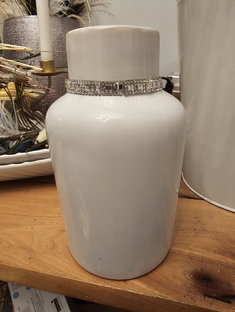 Set of Six White Vases with Silver Trim